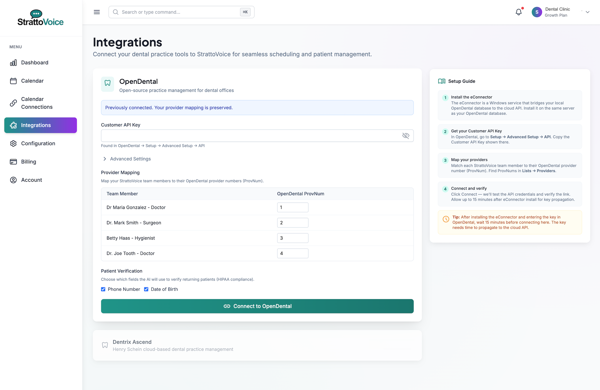 Panel de StrattoVoice mostrando la integración con OpenDental con mapeo de doctores y verificación de pacientes